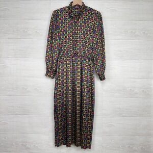 Vintage 80s Talbots Gem Stone Print Pleated Midi Dress Size 6 Long Sleeves Satin